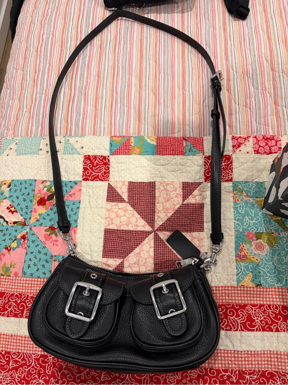 Coach Black Pebbled Leather Crossbody with Front Buckle Pockets